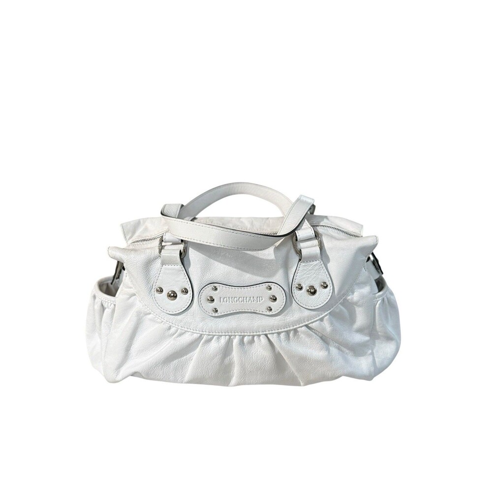 Vintage Longchamp White Textured Leather Shoulder Bag Studded